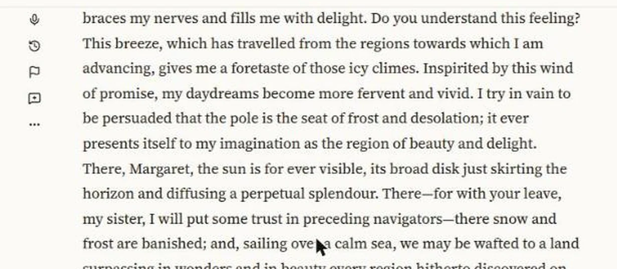 A paragraph in the reader with its action rail revealed in the margin: play, dictate, history, flag, insert and more.